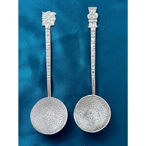 Vintage 850 Silver Mexican Aztec Calendar Spoon Set Mexico Sun Stone Souvenir